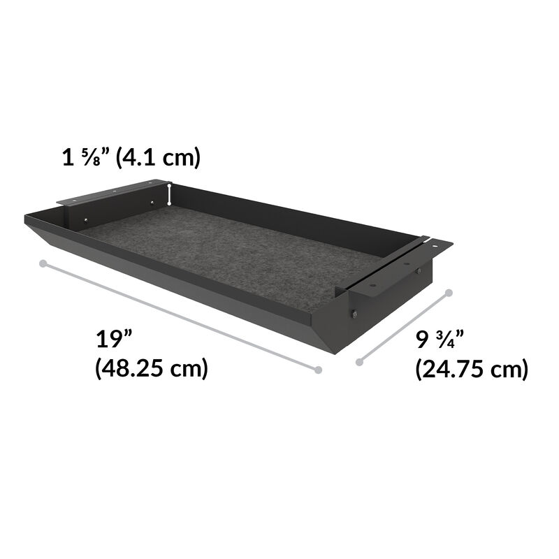 slate rectangular desk drawer tray with dimensions labeled — 1 5/8 inches (4.1 cm) in height, 19 inches (48.25 cm) in width, and 9 3/4 inches (24.75 cm) in depth. image number null
