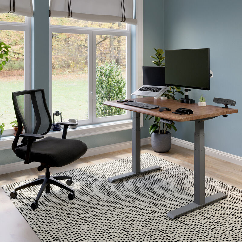 Hybrid work hub with an electric standing desk a dual monitor and laptop stand with task chair and power hub image number null