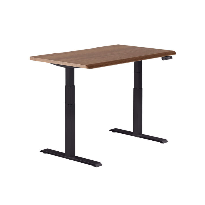 isolated image of a electric standing desk with a walnut finish top and black legs image number 1