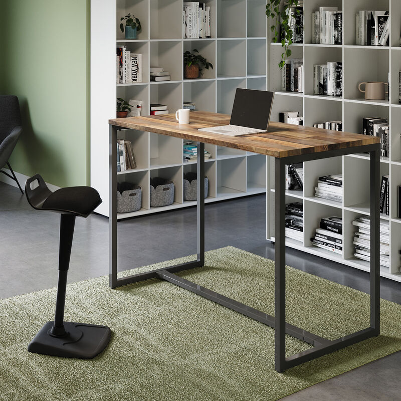 standing work table in reclaimed wood finish setup in an open meeting environment with four tall chairs image number null