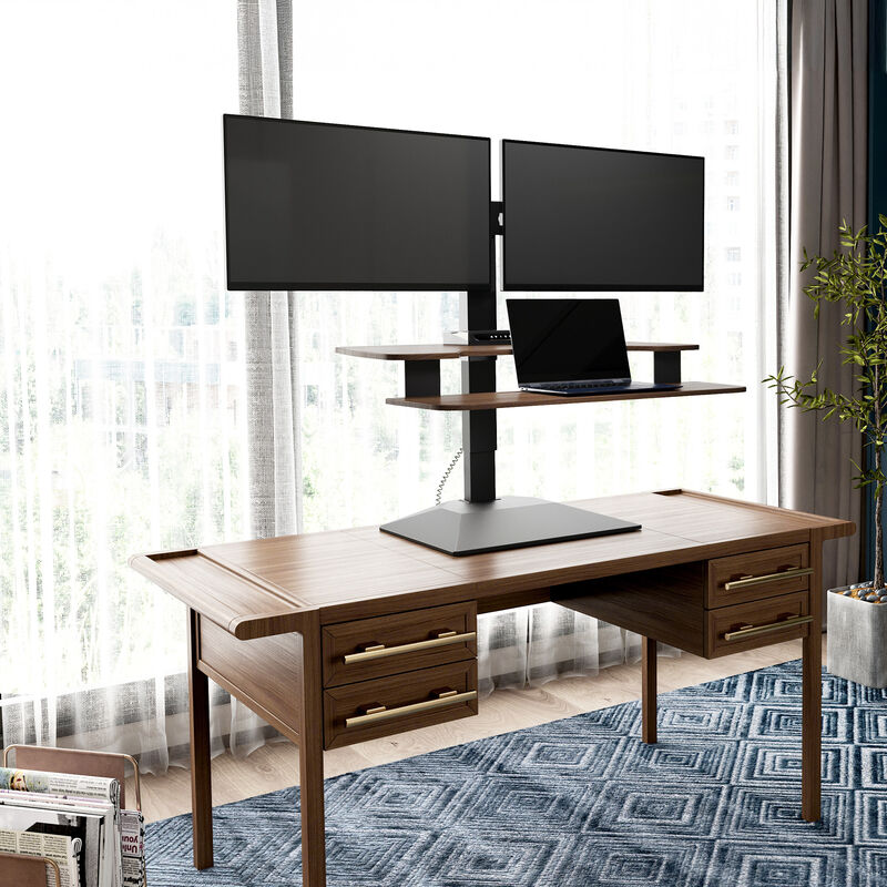 varidesk electric dual monitor converter in walnut in a raised position on desk  image number null