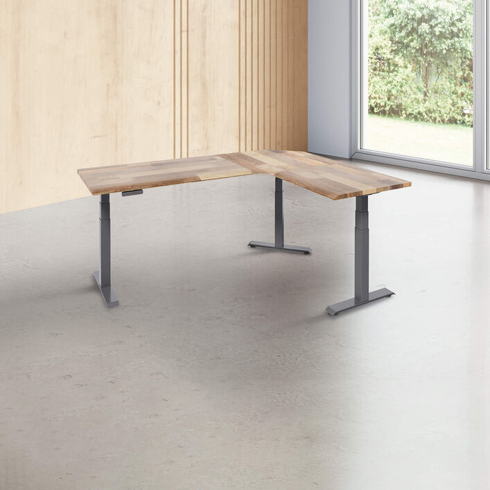 L-shape desk with a reclaimed wood finish desk top with slate legs in a open office image number 0