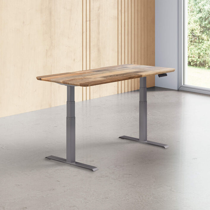 reclaimed wood finish standing desk top with slate legs in a open office image number 0