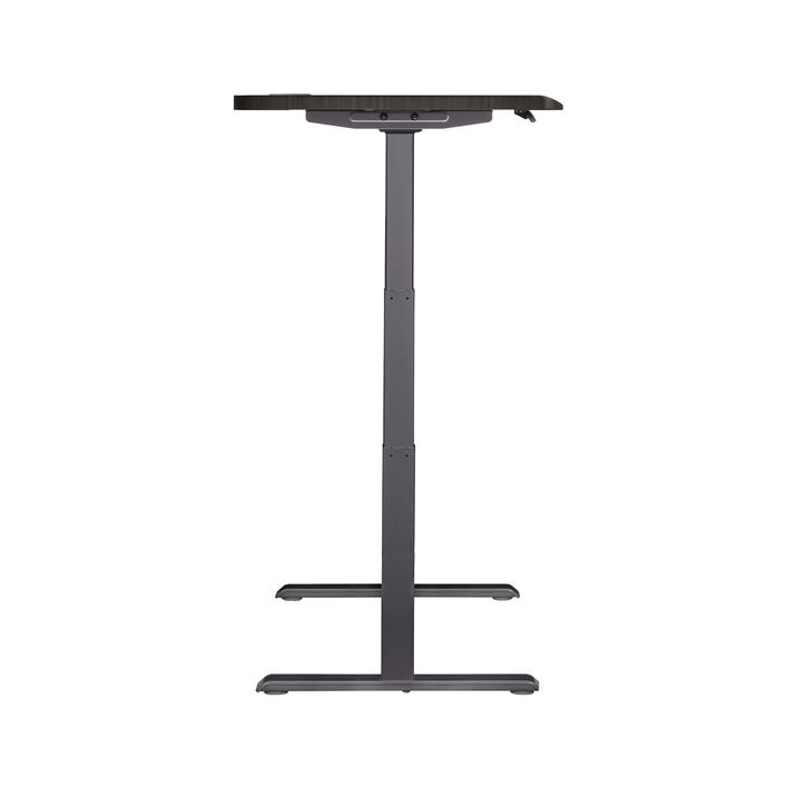 side view of an electric standing desk with a espresso wood finish top and slate legs image number 2