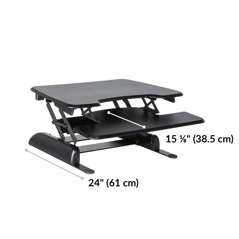 varidesk basic 30 in black is twenty-four inches deep and the keyboard tray is just over fifteen inches deep image number null