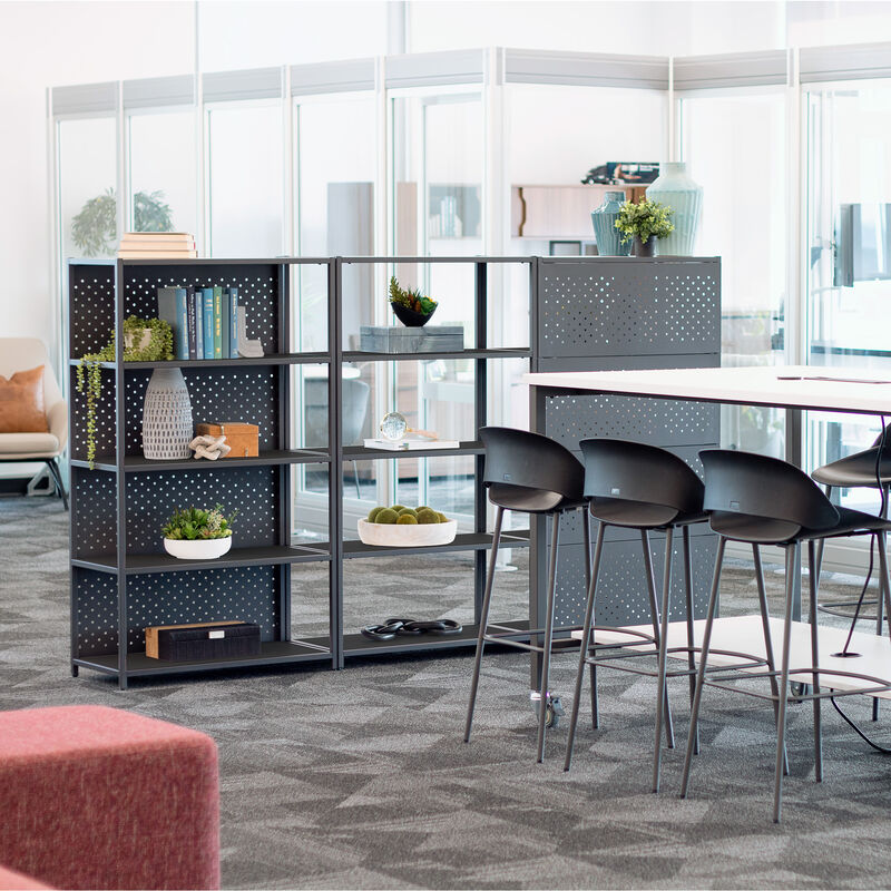 five tier open shelf with a five tier shelf back panel in an open office image number null