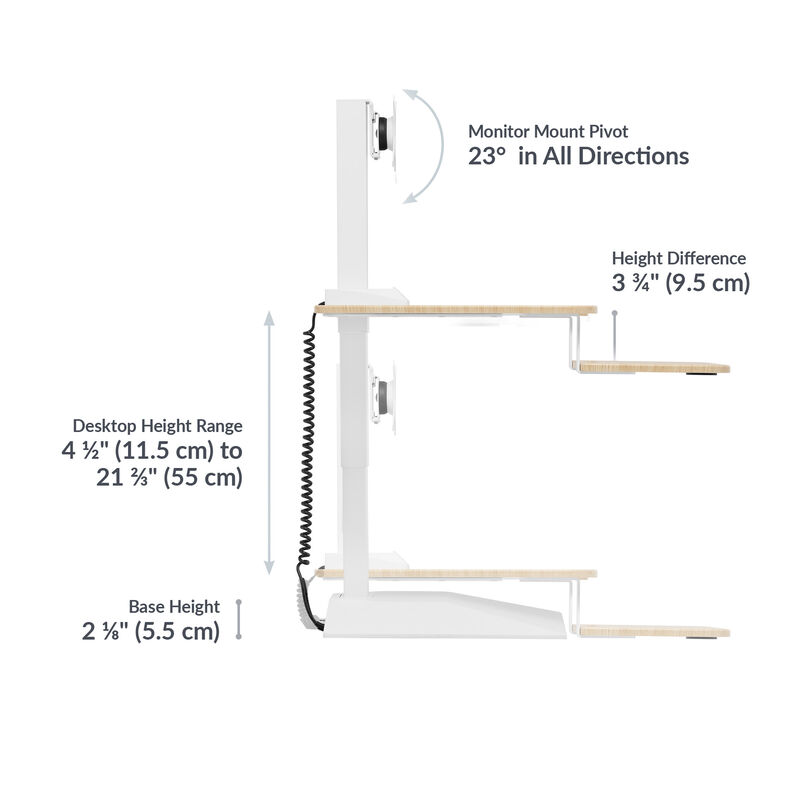 varidesk electric single monitor converter in light wood has a base height of 2.125 inches and a desktop height range of 4.5 inches to 21.33 inches with a 23 degree angle monitor mount in all directions image number null