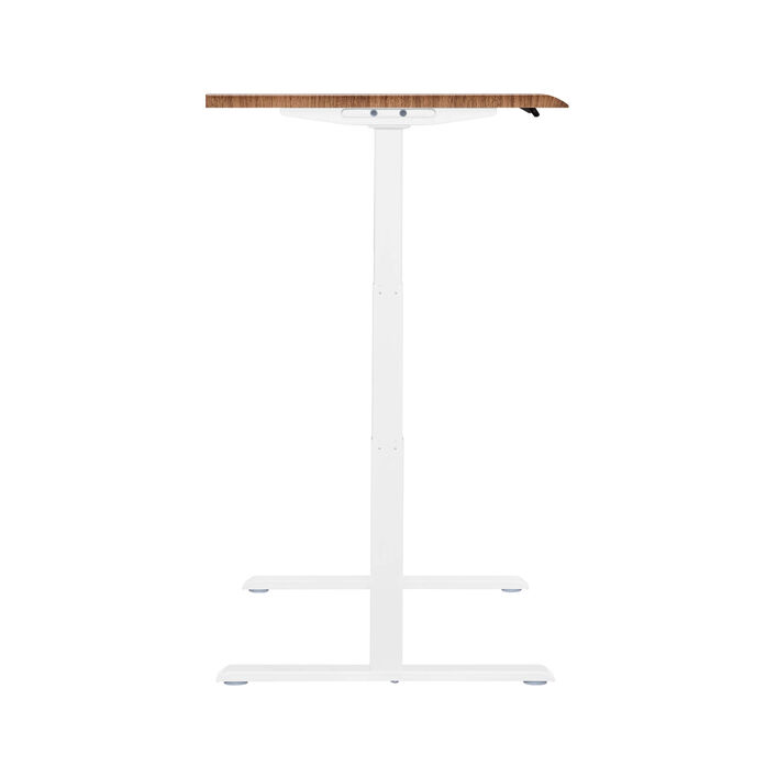 side view of an electric standing desk with a walnut finish top and white legs image number 2