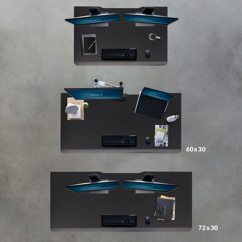 overhead view of three different size desks a 48 inches by 30 inches 60 inches by 30 inches and 72 inches by 30 inches image number null