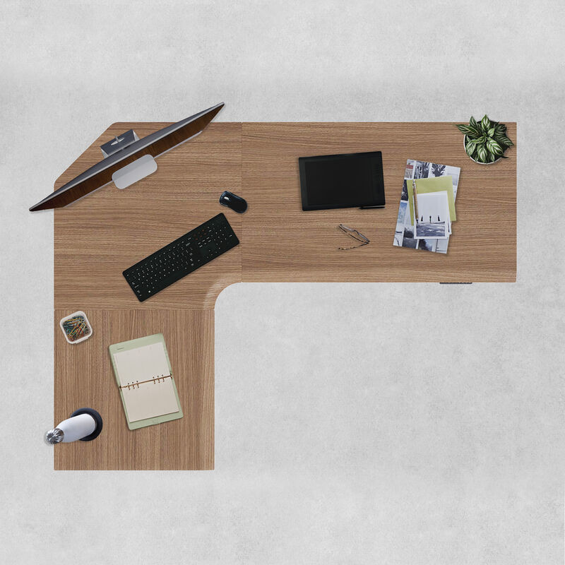 overview image of walnut finish l shape electric standing desk with a left return image number null