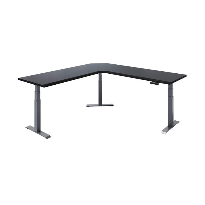 isolated image of a L-shape electric standing desk with a black finish top and slate legs image number 1
