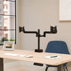 Front view of a black dual monitor arm without monitors attached, showing the two swing arms, center pole, and desk clamp base, on a desk with a keyboard and picture frame.