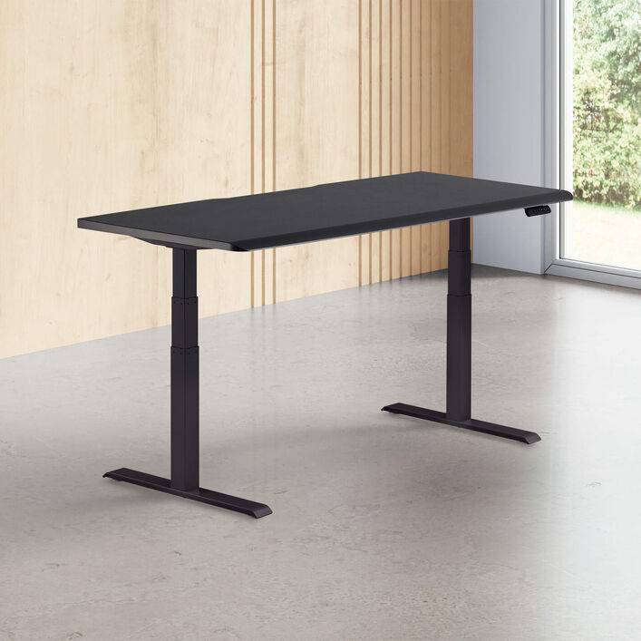 black finish standing desk top with black legs in a open office image number 0