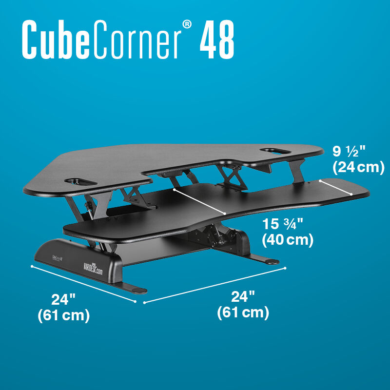VariDesk Cube Corner 48 Black sit-stand desk converter base is 24 inches deep image number null