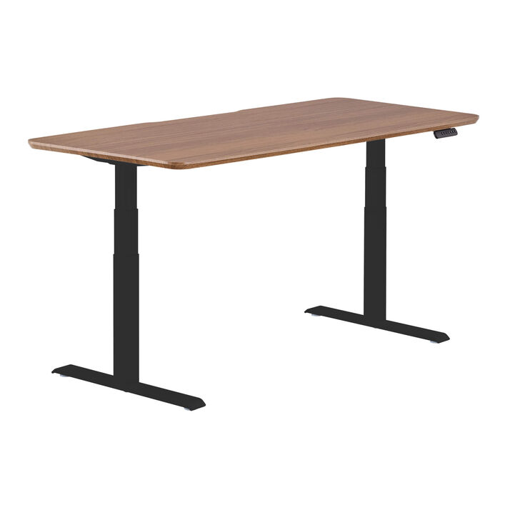 isolated image of a electric standing desk with a walnut finish top and black legs image number 1