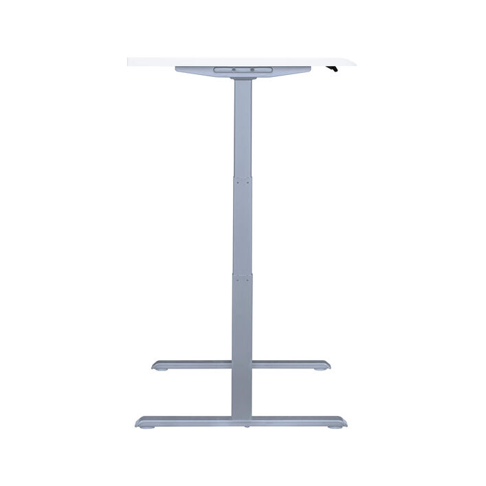 side view of an electric standing desk with a white finish top and silver legs image number 2
