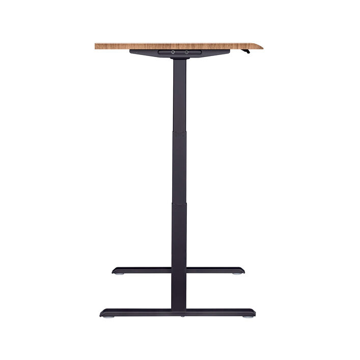 side view of an electric standing desk with a walnut finish top and black legs image number 2