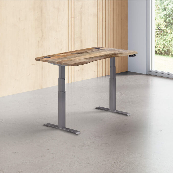 reclaimed wood finish standing desk top with slate legs in a open office image number 0