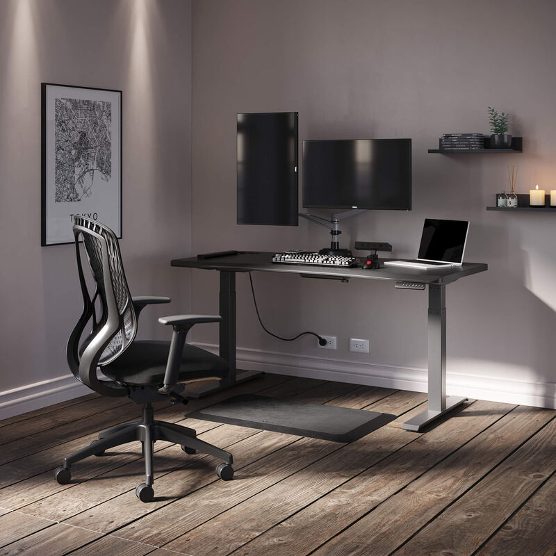 Curve Electric Standing Desk 60x30, Performance Task Chair, Dual-Monitor Arm, Standing Mat 34x20, Power Hub and Power Strip 8ft are all included in this Performance Home office that is set up in a home office setting.  image number null