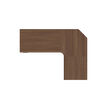 overhead view of an l shape electric standing desk in the walnut finish with a white background 