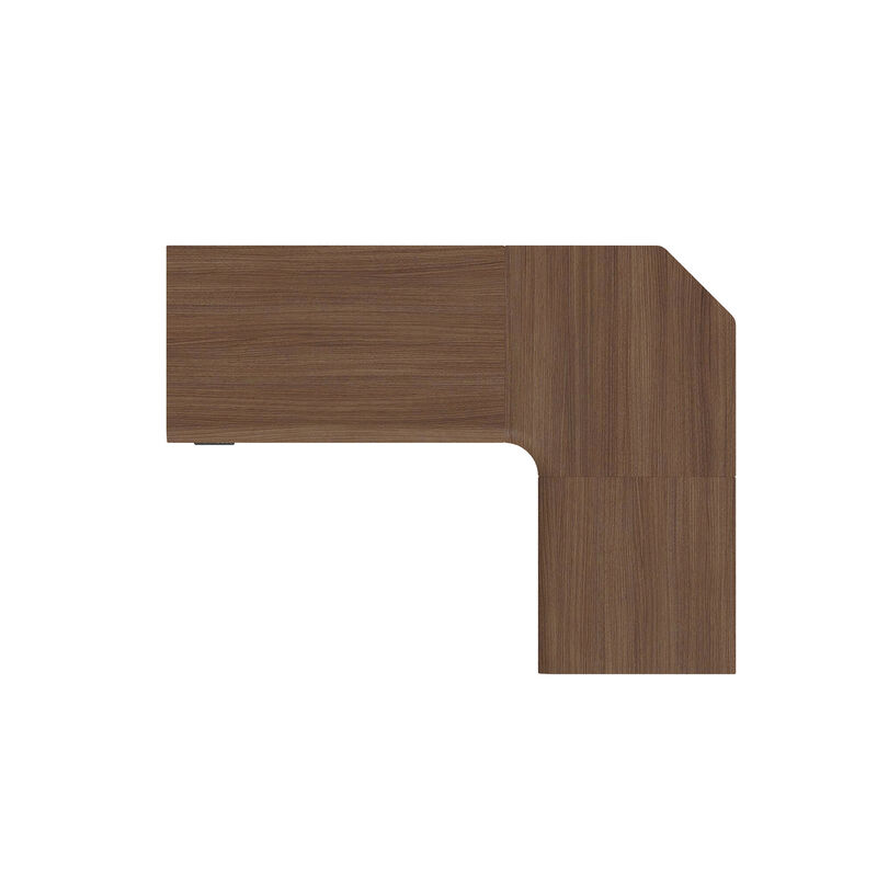 overhead view of an l shape electric standing desk in the walnut finish with a white background  image number null