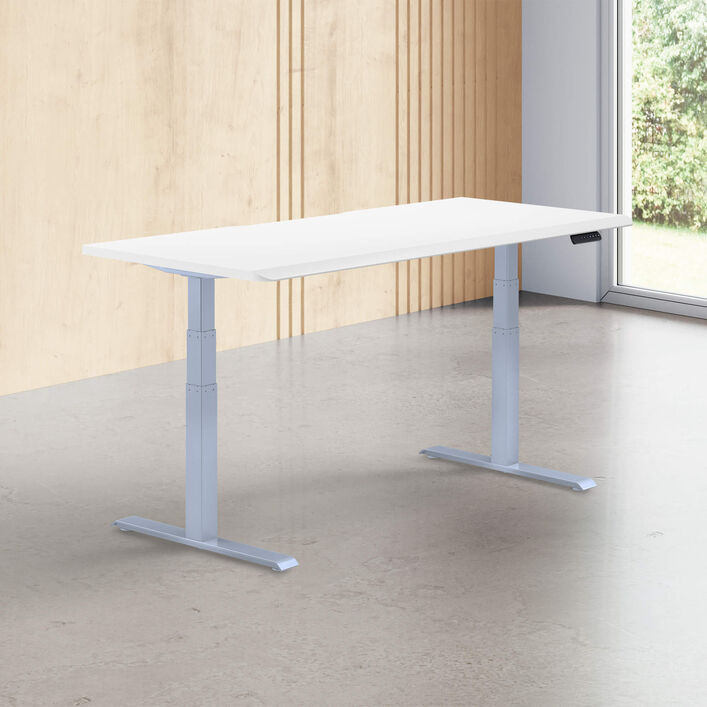 white finish standing desk top with silver legs in a open office image number 0