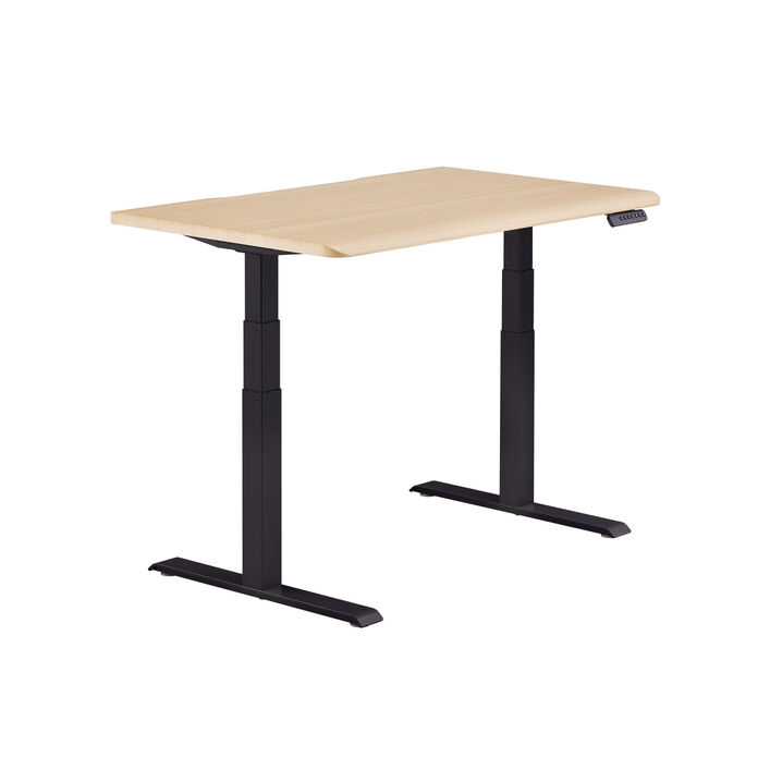 isolated image of a electric standing desk with a light wood finish top and black legs image number 1