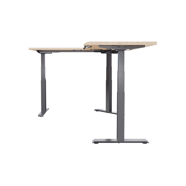 side view of an L-shape electric standing desk with a light wood finish top and slate legs image number 2