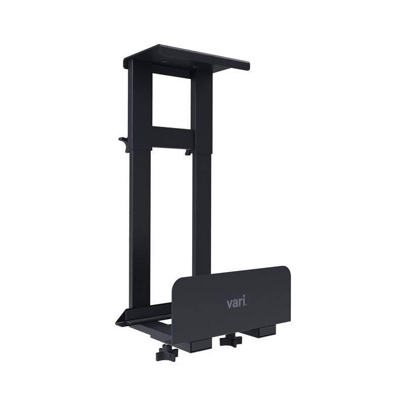Black Vari PC desk mount with labeled dimensions: top width 4¾" (12 cm), top depth 7¾" (19.5 cm), and maximum height 22½" (57.25 cm), designed for under-desk computer tower installation. image number null