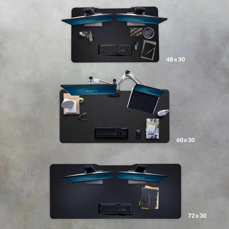 Overhead of view of the three electric standing desk sizes, forty-eight by thirty, sixty by thirty, and seventy-two by thirty. image number null