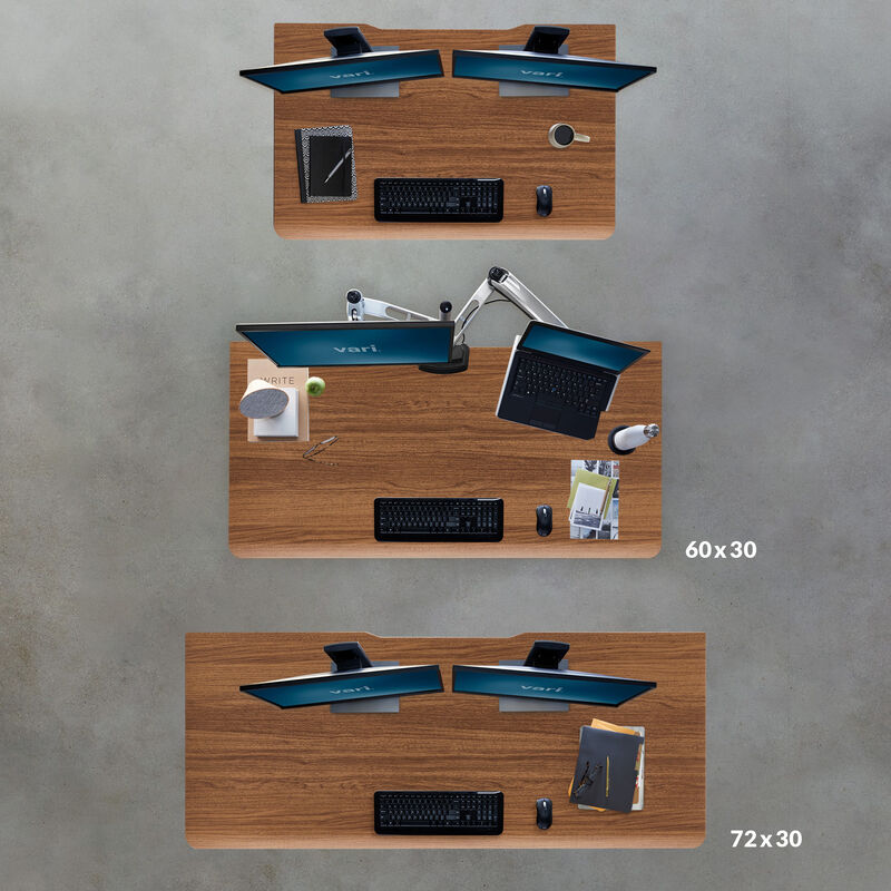 overhead view of three different size desks a 48 inches by 30 inches 60 inches by 30 inches and 72 inches by 30 inches image number null