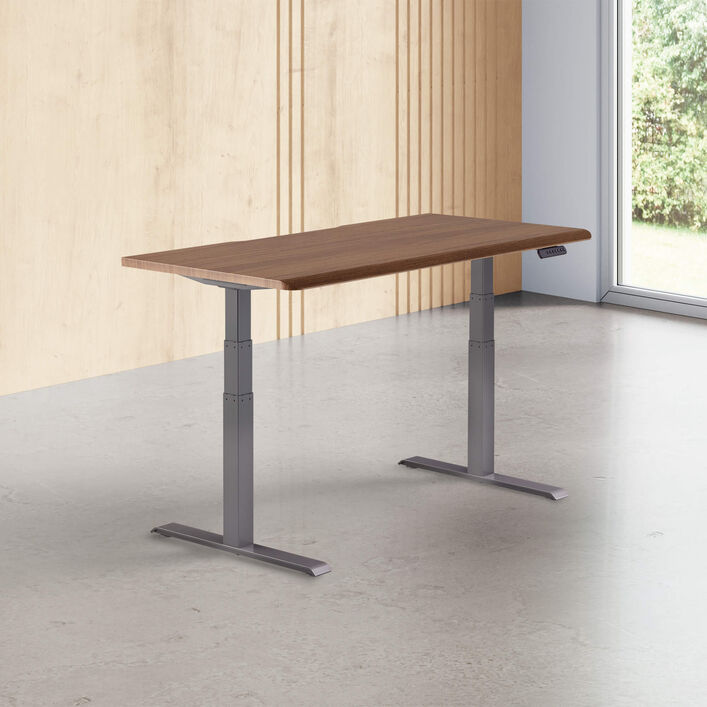 walnut finish standing desk top with slate legs in a open office image number 0