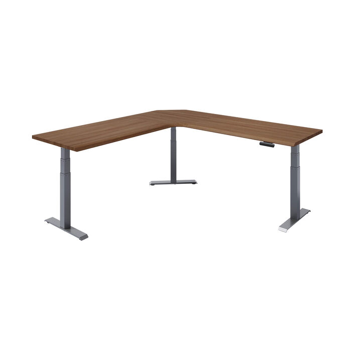 isolated image of a L-shape electric standing desk with a walnut finish top and slate legs image number 1