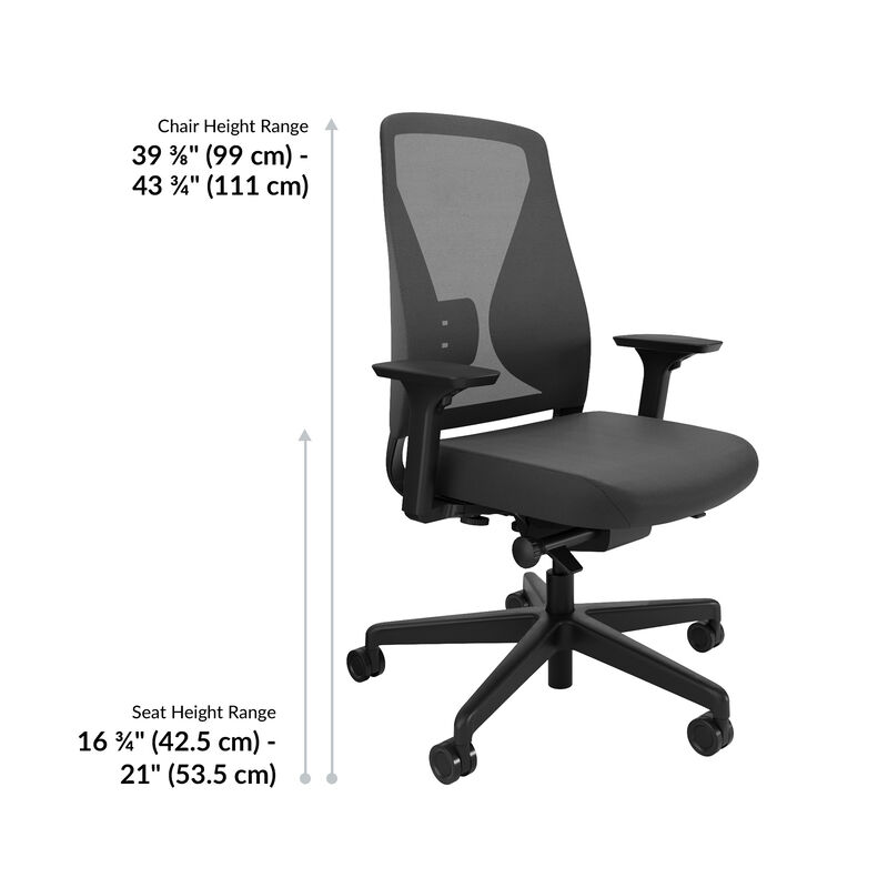 Dark Gray ergonomic office chair with mesh backrest and adjustable armrests, shown against a white background with labeled chair height range of 39 3/8" to 43 3/4" and seat height range of 16 3/4" to 21". image number null