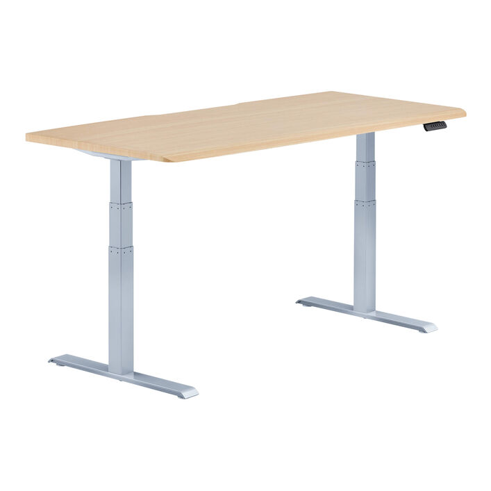 isolated image of a electric standing desk with a light wood finish top and silver legs image number 1