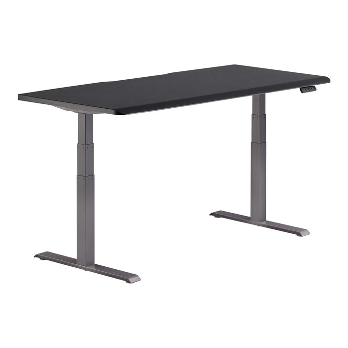 isolated image of a electric standing desk with a black finish top and slate legs image number 1