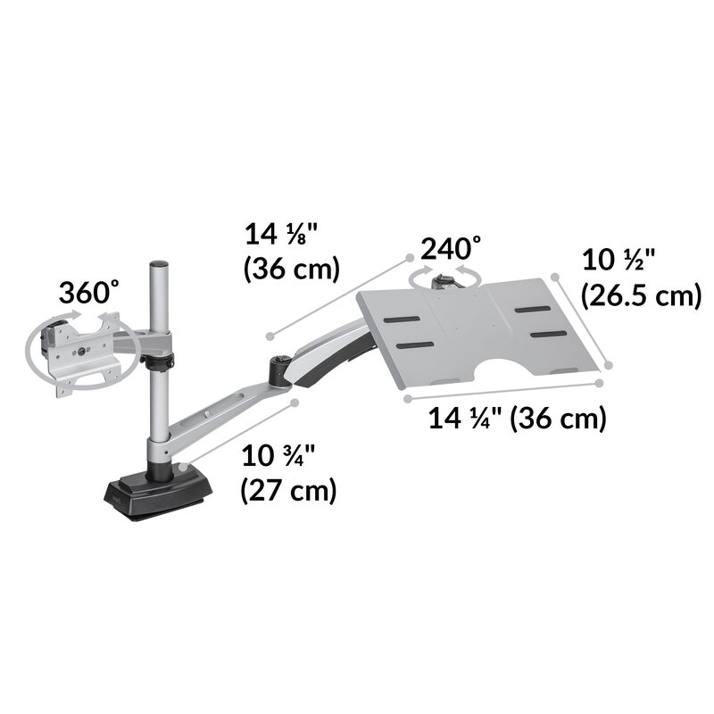 Monitor Arm + Laptop Stand holds laptop that is 10.5 inches deep and 14.25 inches wide image number null