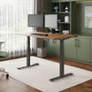 solid wood electric standing desk with a heritage walnut top with slate legs in an open home office in raised position
