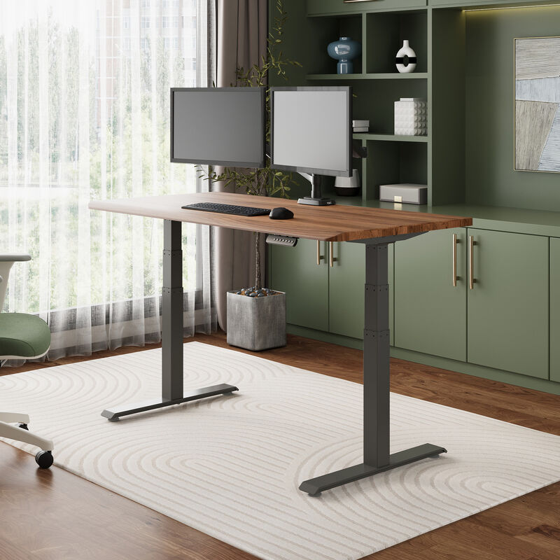 solid wood electric standing desk with a heritage walnut top with slate legs in an open home office in raised position image number null