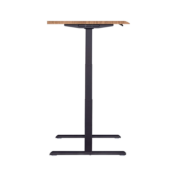 side view of an electric standing desk with a walnut finish top and black legs image number 2