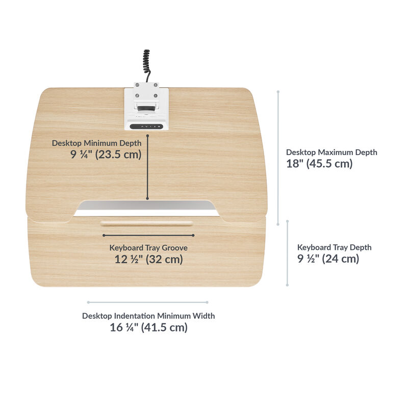 varidesk electric single monitor converter in light wood has a desktop minimum depth of 9.25 inches and a desktop maximum depth of 18 inches with a keyboard tray depth of 9.5 inches and a desktop indentation minimum width of 16.25 inches image number null