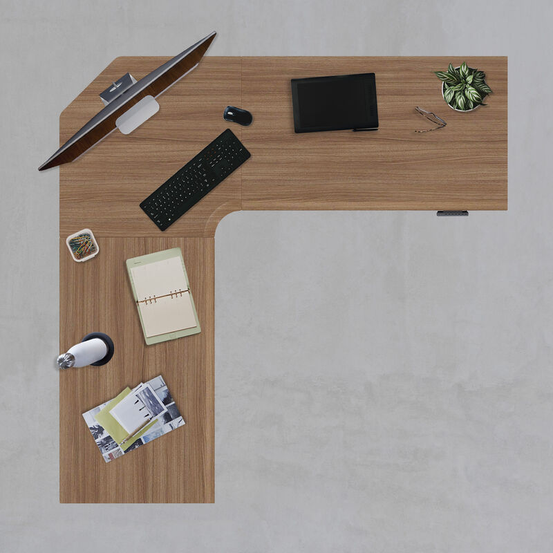 overview image of reclaimed wood l shape with office supplies on desk image number null