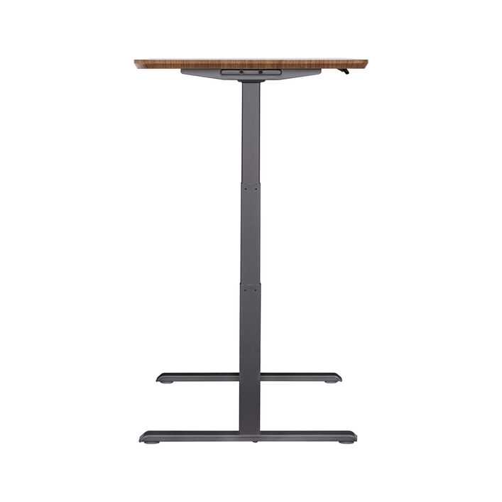 side view of an electric standing desk with a walnut finish top and slate legs image number 2
