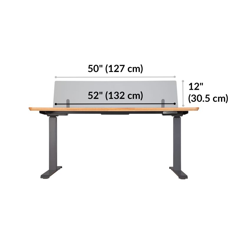 Acrylic Modesty Privacy Panel for the Electric Standing Desk 60 in Frosted Acrylic dimensions, 52 inches wide, 12 inches off desktop in the upward position image number null