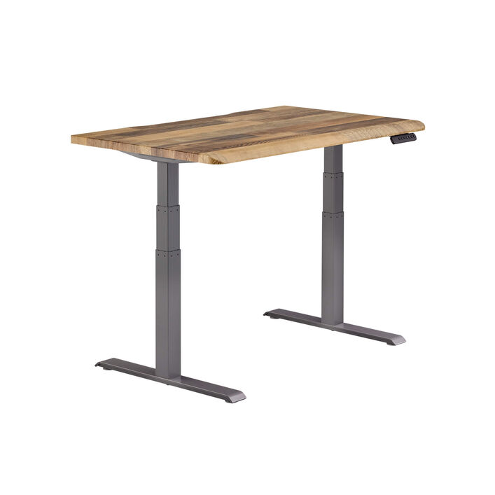 isolated image of a electric standing desk with a reclaimed wood finish top and slate legs image number 1