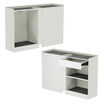 two cubbies in a white back ground with opened drawer