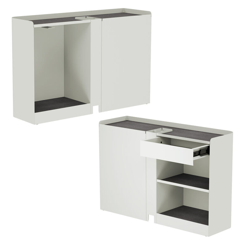 two cubbies in a white back ground with opened drawer image number null