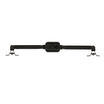 Product image of a black dual monitor arm crossbar with two swing arms and VESA mounting plates on each end, isolated on a white background.