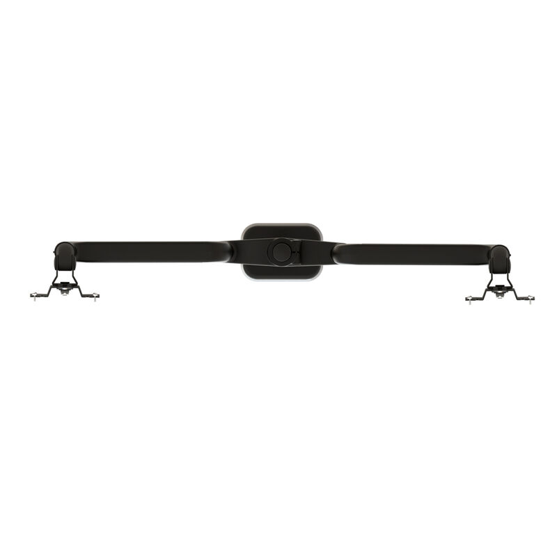 Product image of a black dual monitor arm crossbar with two swing arms and VESA mounting plates on each end, isolated on a white background. image number null