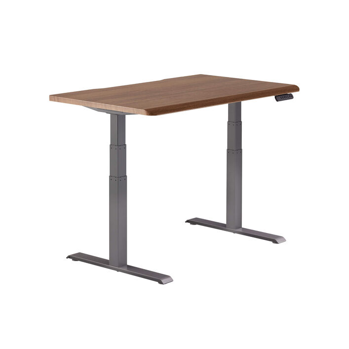 isolated image of a electric standing desk with a walnut finish top and slate legs image number 1